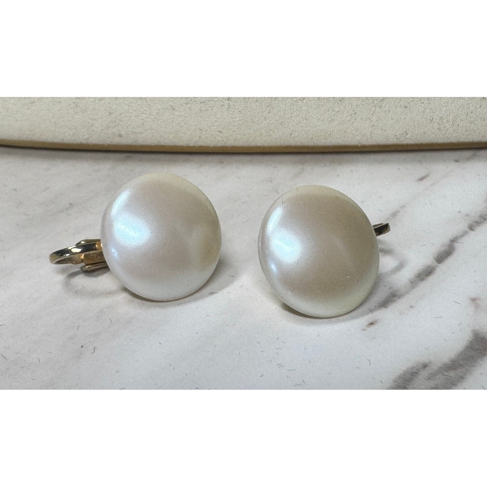 Vintage Faux Pearl Button Clip On Earrings Gold Tone Iridescent Round Dome 0.75"